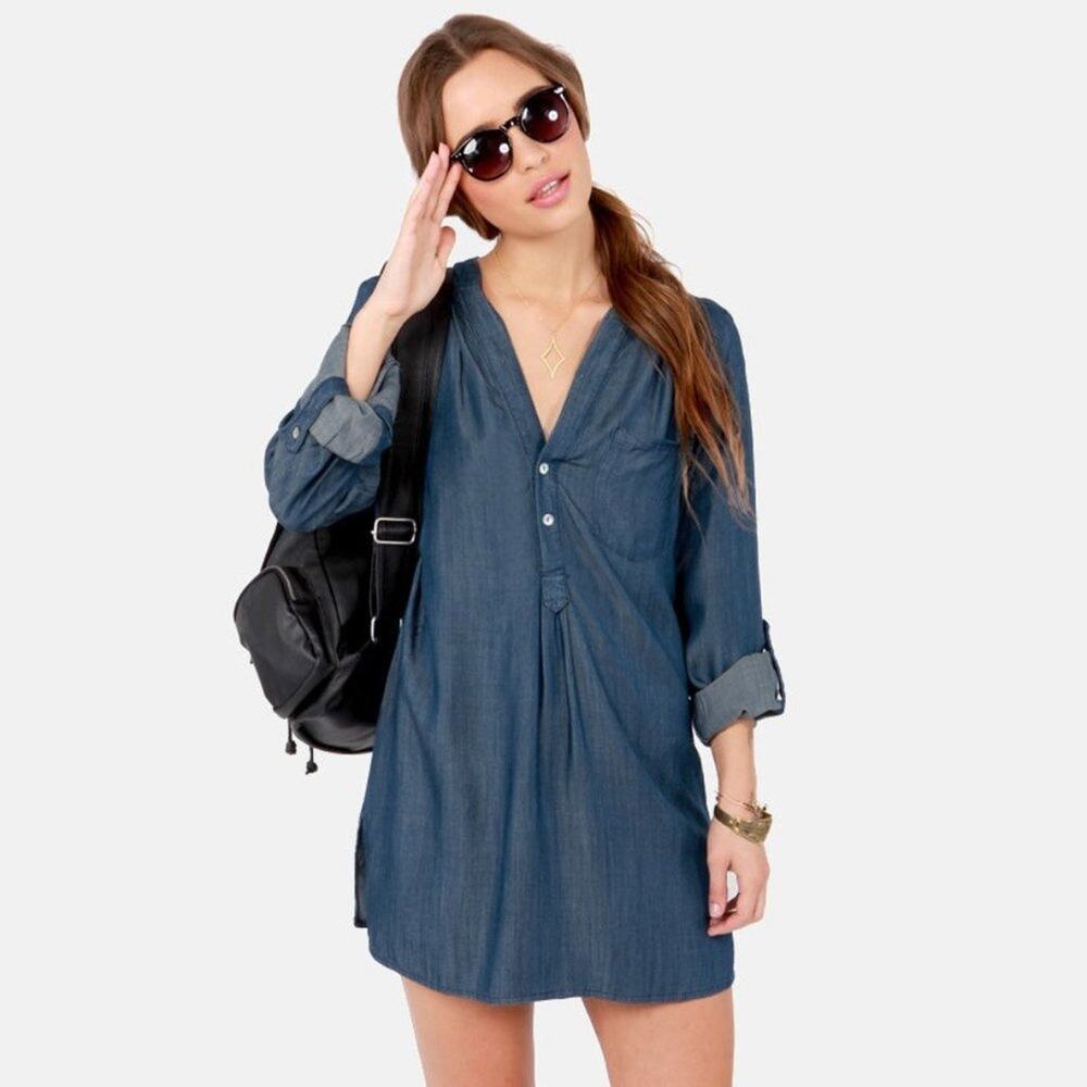 Honey Punch for Lulus Blue Jean Denim Long Sleeve Shirt Mini Dress Womens S
